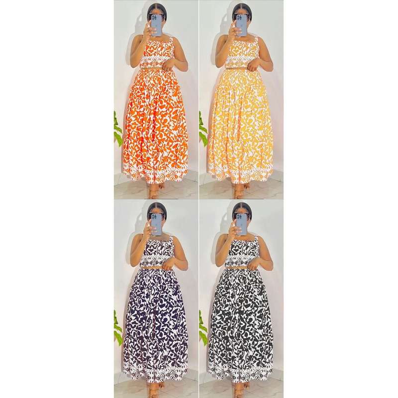 Floral Print Sleeveless Tee And Midi Skirt Set.