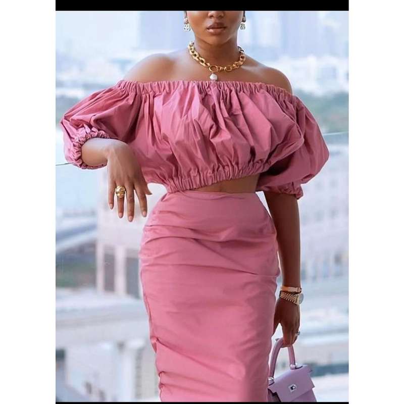High Waisted Skirt & Crop-Top Off Shoulder Top Set