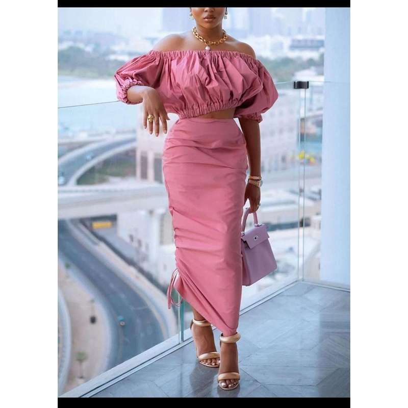 High Waisted Skirt & Crop-Top Off Shoulder Top Set