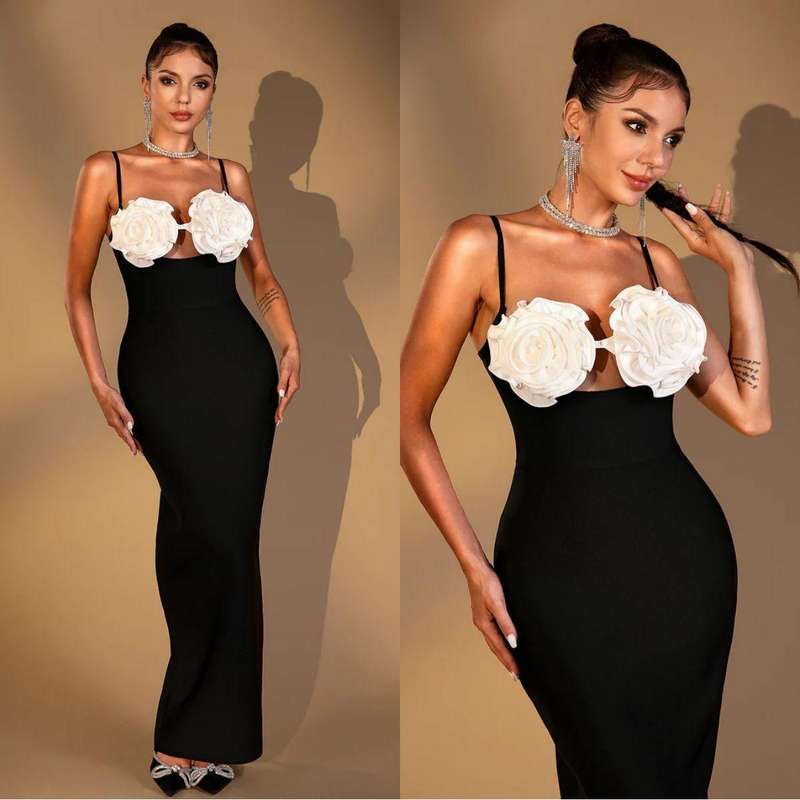 Spaghetti Flower Bodycon Maxi Dress