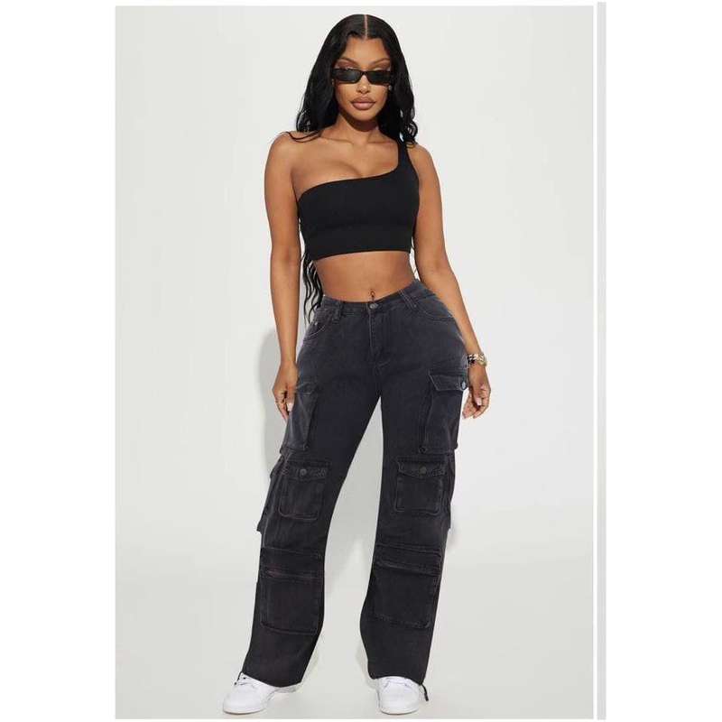 High Waist Slant Pocket Cargo Jeans.