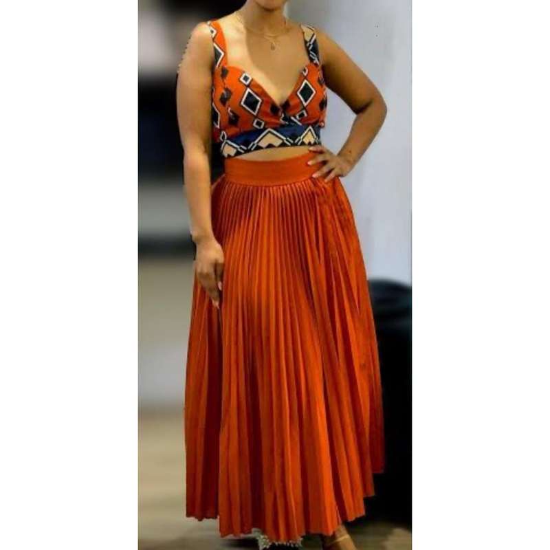 Pleated Long Skirt & Short Sleeve Top Set.