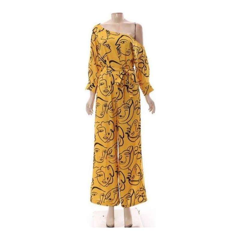 Asymmetrical Neck Drop Shoulder Wide Leg Jumpsuit.