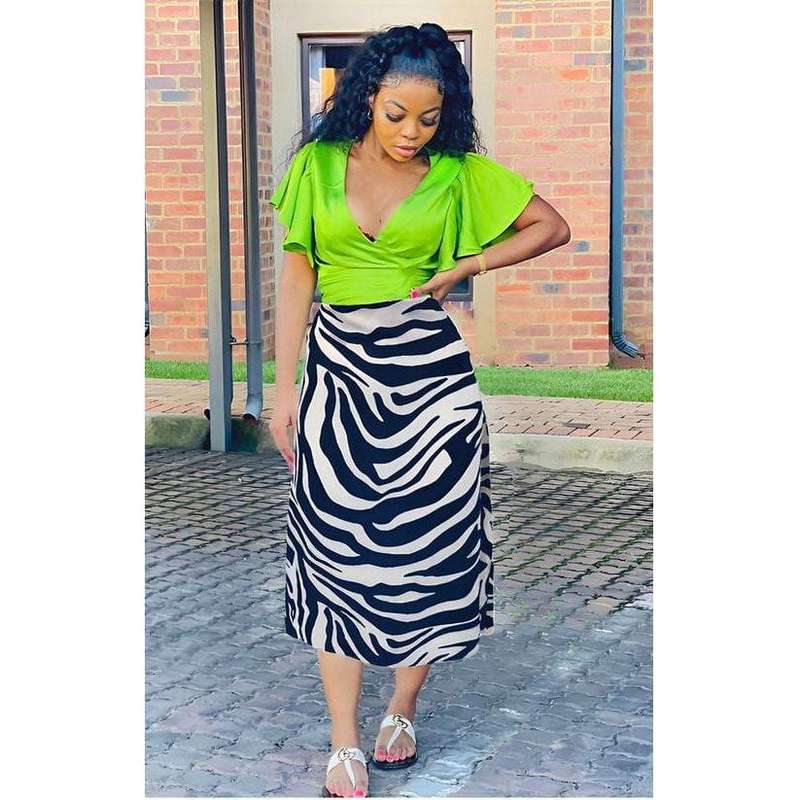 Zebra Printed Mesh Tie Waist Split Hem Midi Skirt.