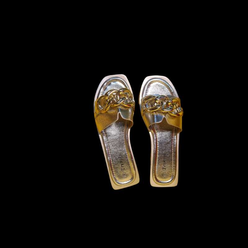 Chain Detail Flat Slide Sandals.