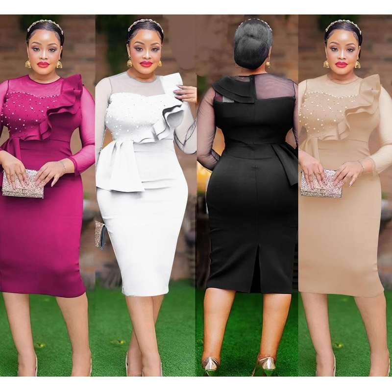 Elegant Mesh Patchwork Ruffled Beaded Bodycon Dress.