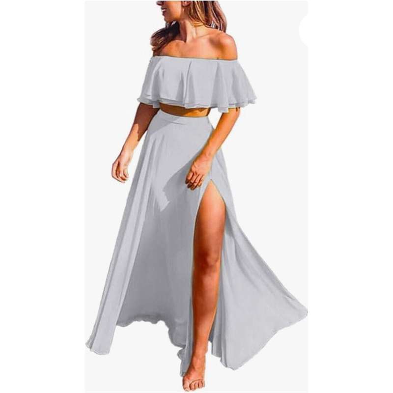 Sexy Ruffle Crop Top &amp; Formal High Split Skirt 2 Piece set.