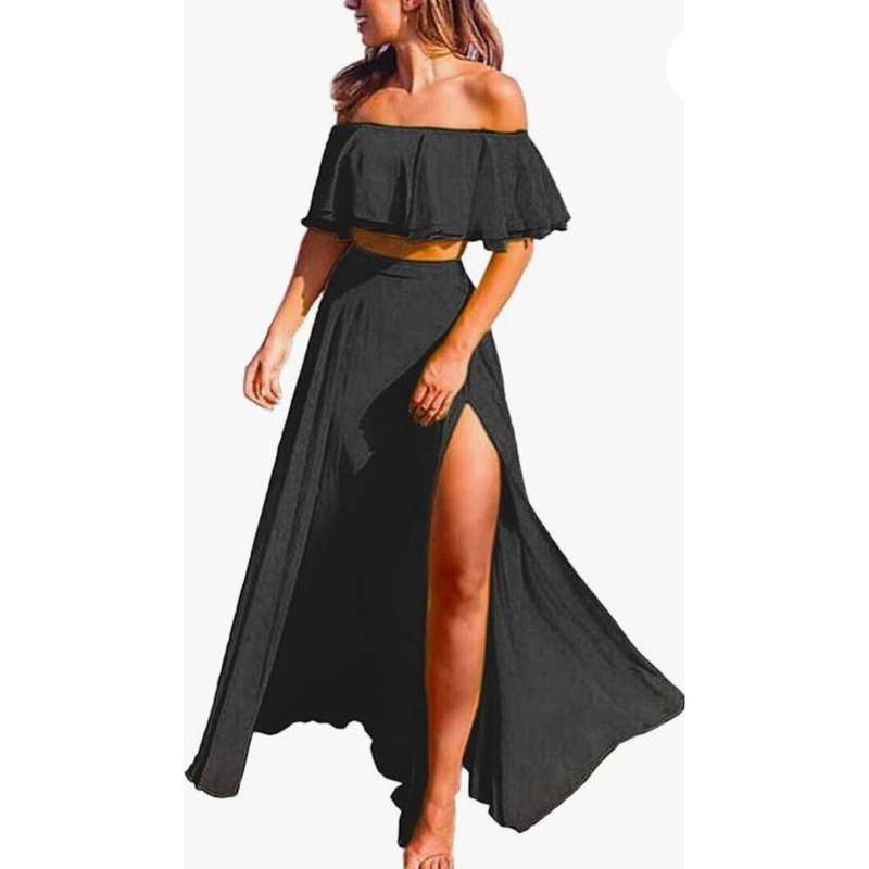 Sexy Ruffle Crop Top &amp; Formal High Split Skirt 2 Piece set.