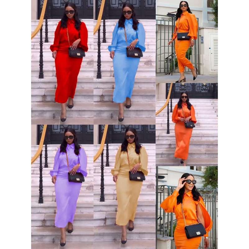Casual Split Long Sleeve Top And Midi Skirt Set.