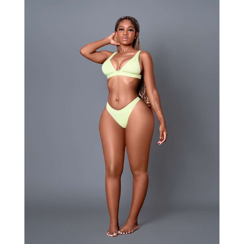 Solid Color Deep V Crop Top Bikini Swimsuit Set.