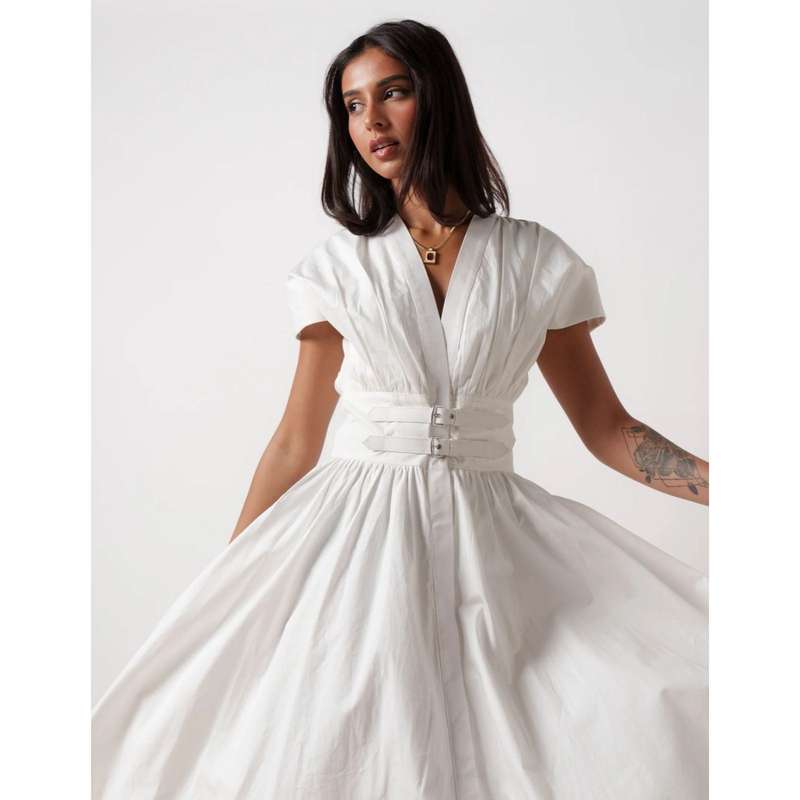 Pleated Waist Belt Flying Sleeve Office Street Dress.