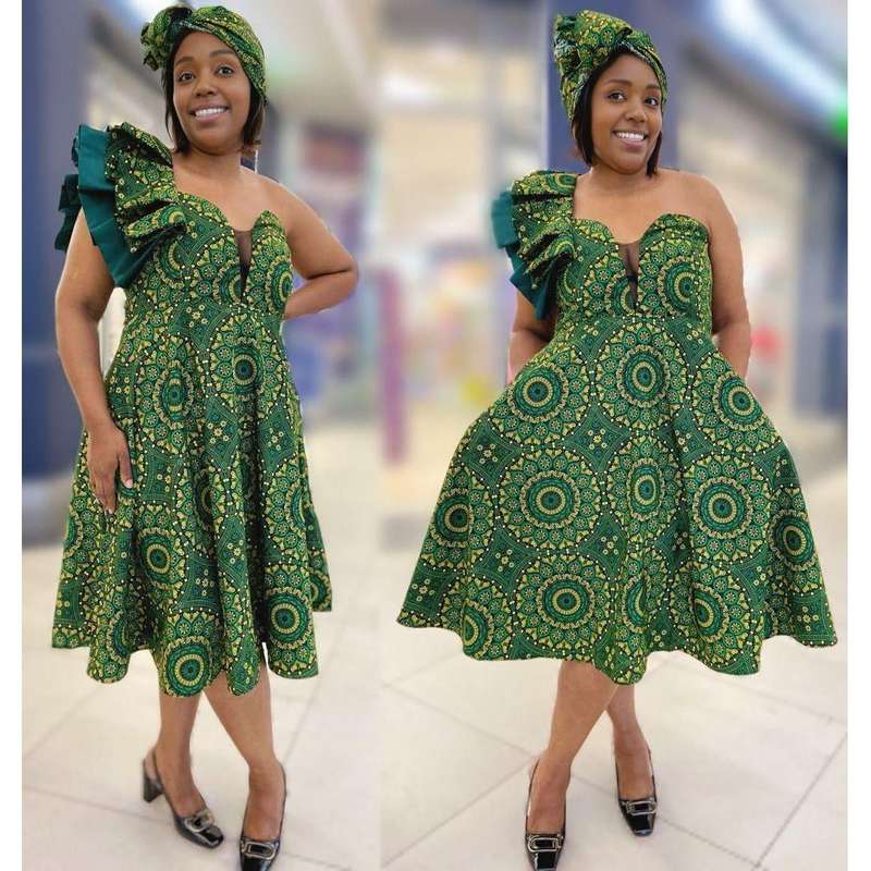 Ankara Flare Ruffle One Shoulder Traditional Dress.