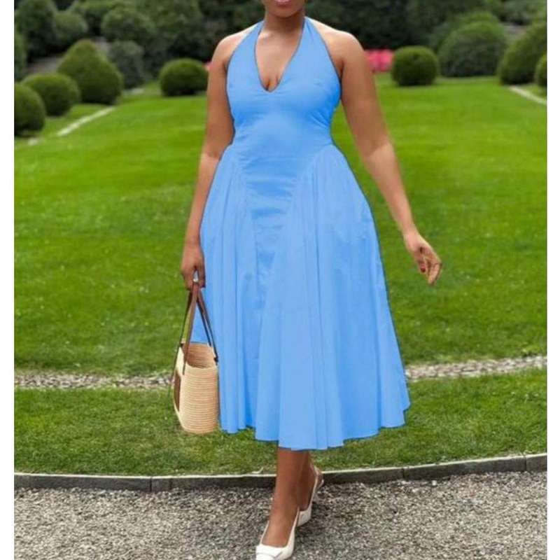 V-Neck Halter Backless Pleated A-Line Maxi Dress.