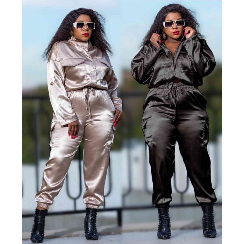 Solid Satin Half Sleeve Top and Long Pants Set.