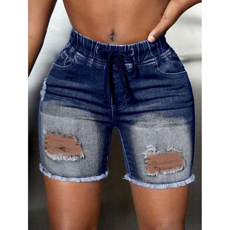 Elastic Waist Ripped Denim Shorts