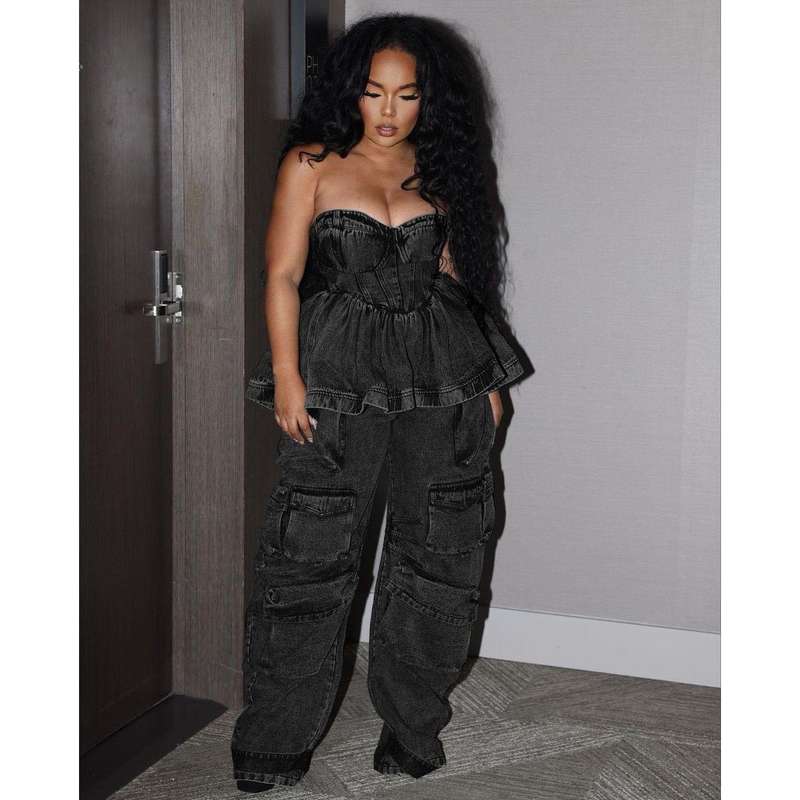 Denim Cargo Pants with Off-Shoulder Ruffle Top