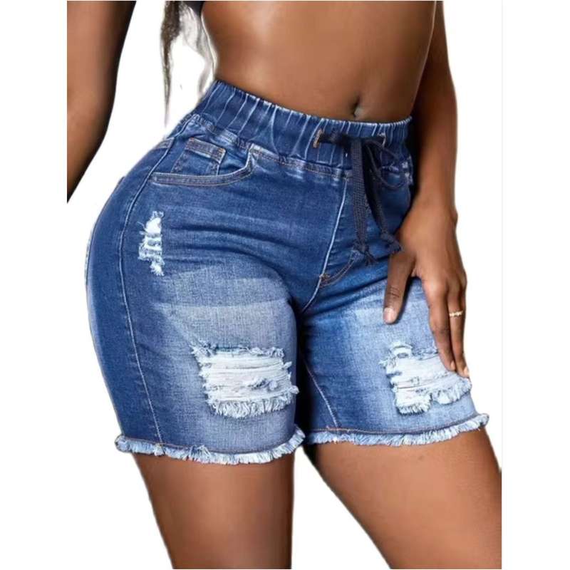Elastic Waist Ripped Denim Shorts