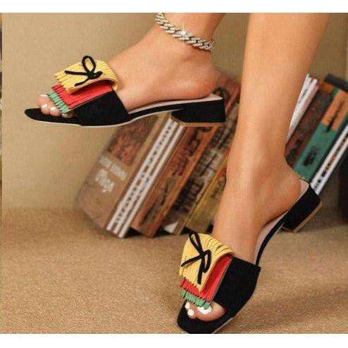 Block Bow & Fringe Decor Flat Sandals