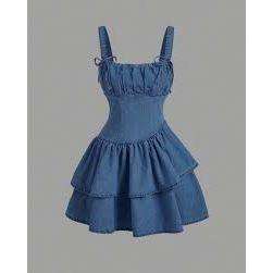 Bow Strap Asymmetrical Denim Double Layered Dress