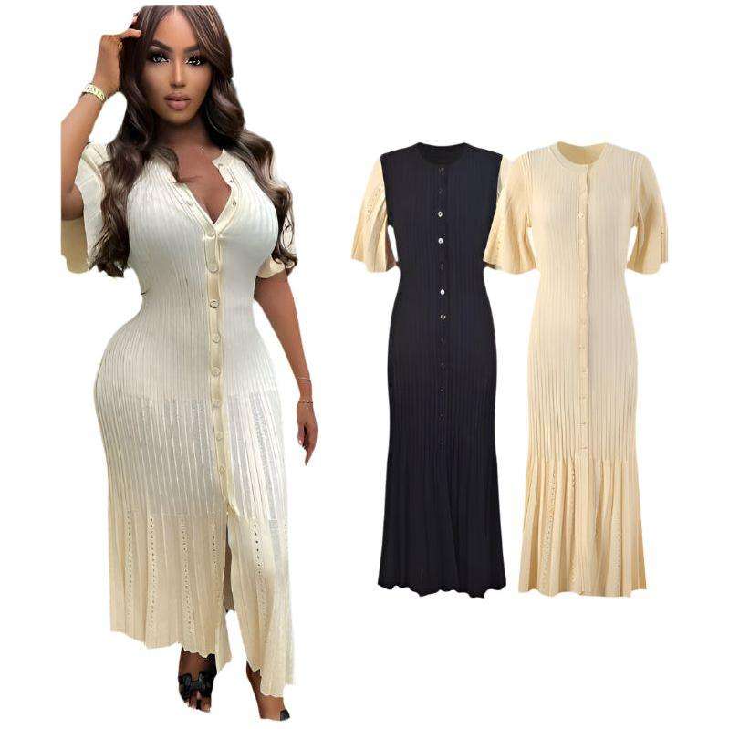 Bodycon Button Short Sleeve Knitted Maxi Dress.