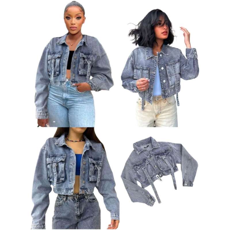 Long Sleeve Cropped Raw Dark Hem Denim Jacket