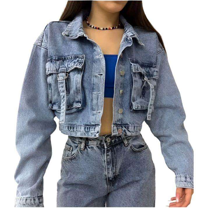 Long Sleeve Cropped Raw Dark Hem Denim Jacket