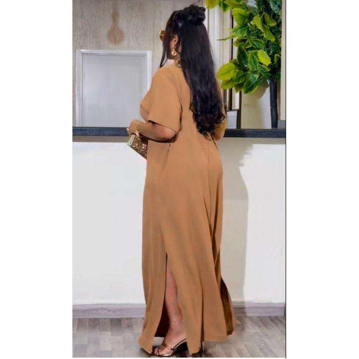 Drop Down V-Neck Short Sleeve Slit Maxi Dress