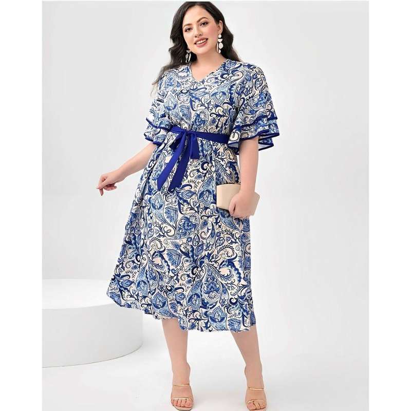 Plus Geo Print Butterfly Sleeve Multi-color Dress