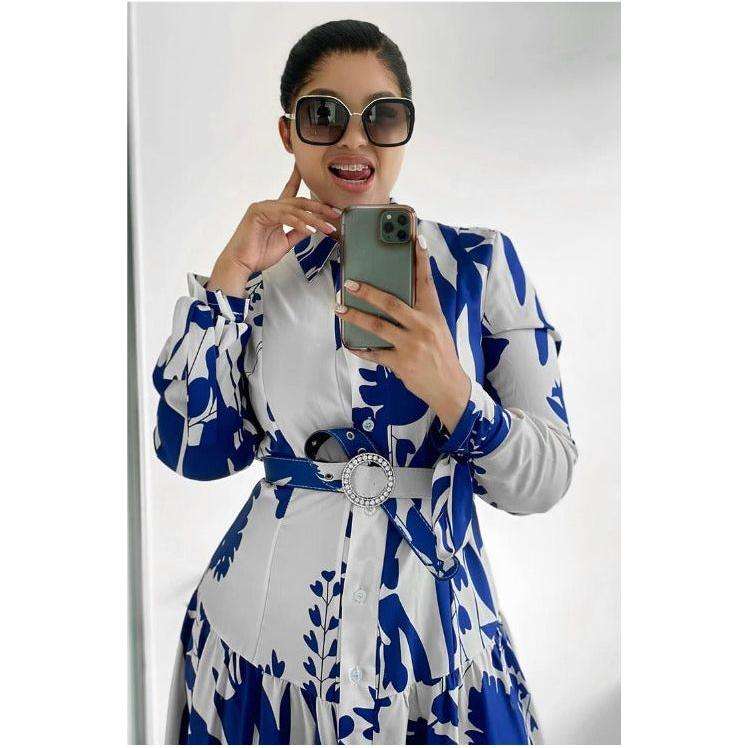 Elegant Long Sleeve Casual Tie Belted Shirt Dress.