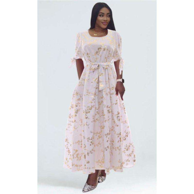 Round-Neck Long Sleeve Floral A-line Maxi Dress