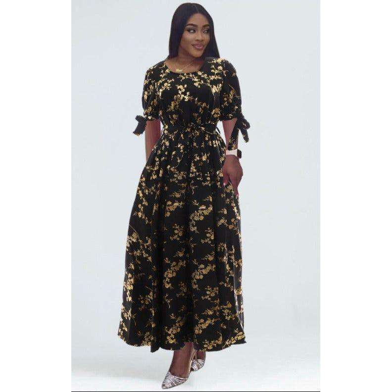 Round-Neck Long Sleeve Floral A-line Maxi Dress