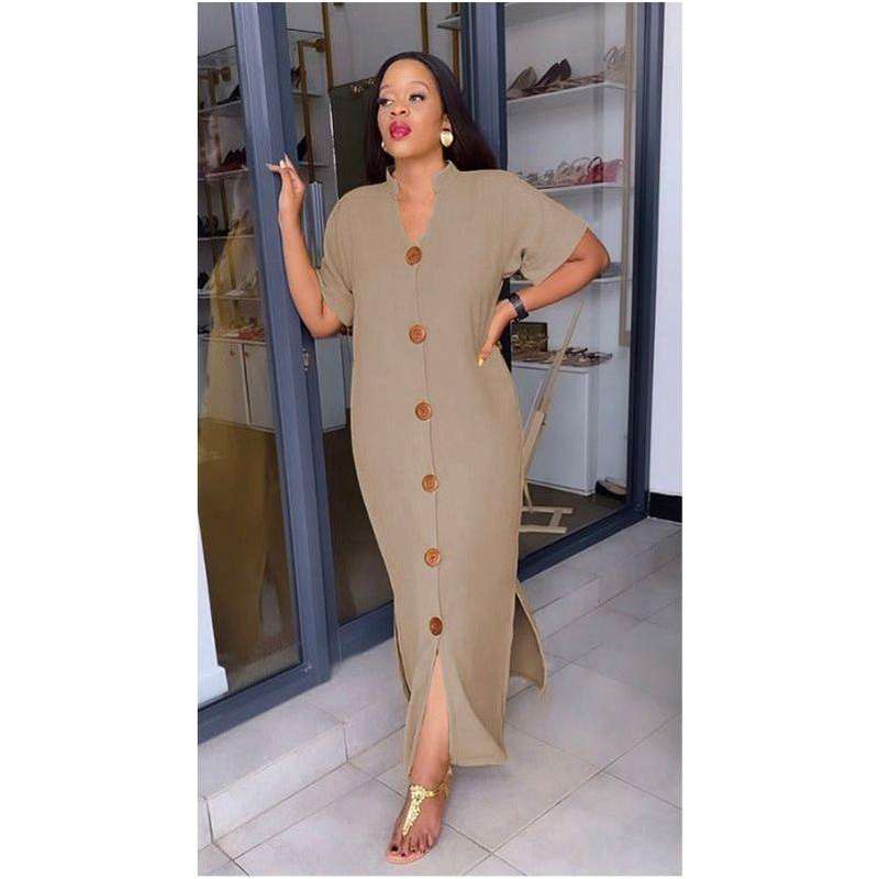 Short Sleeve V-neck Side Slit Maxi Shirt Dress