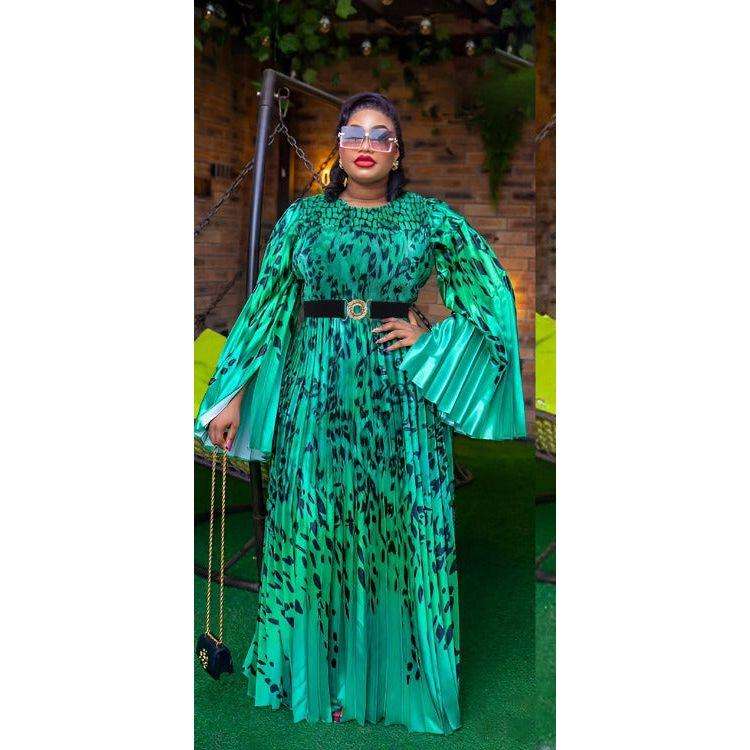 Pleated Long Puffy Sleeve Maxi Dress