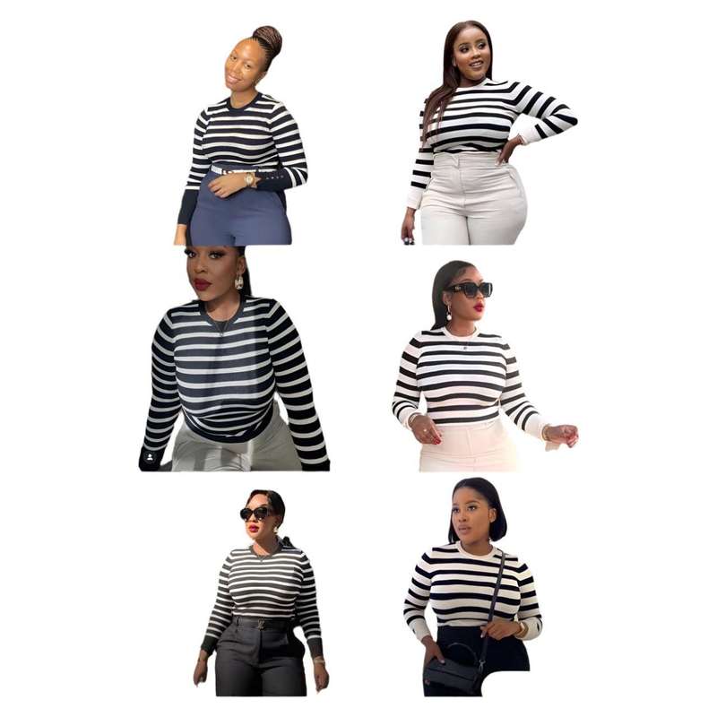 Striped Print High Neck Long Sleeve Casual Tee Shirt