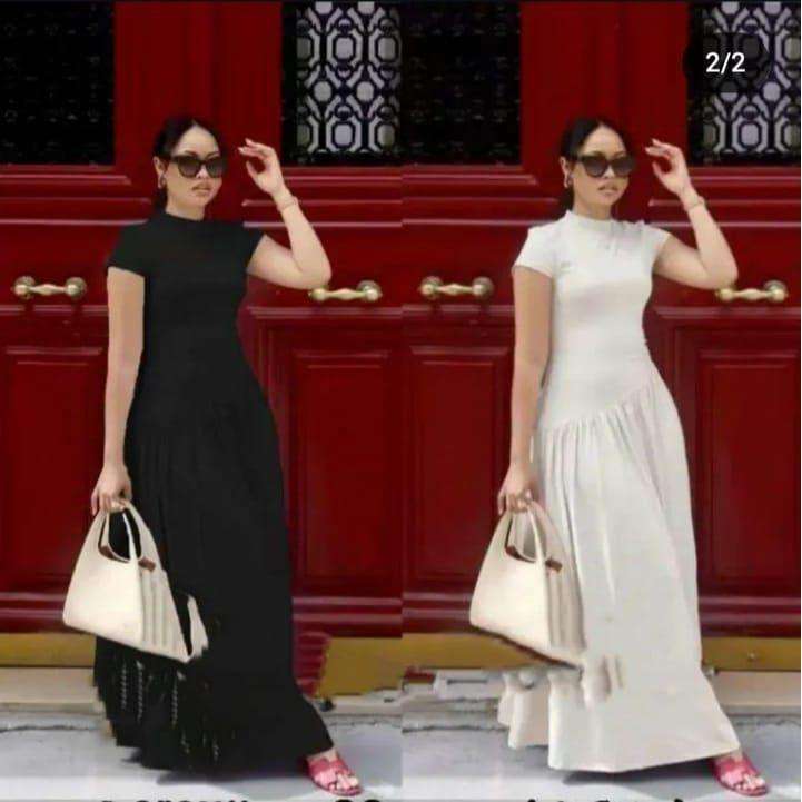 Stand Neck Short Sleeve High Waist Midi Dress