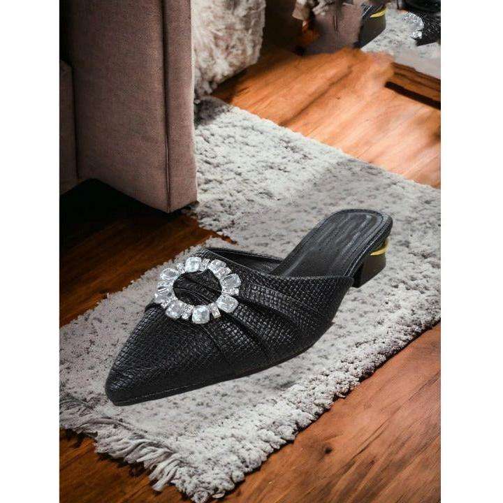 Glamorous Rhinestone Decor Point Toe Flats Mule Shoes