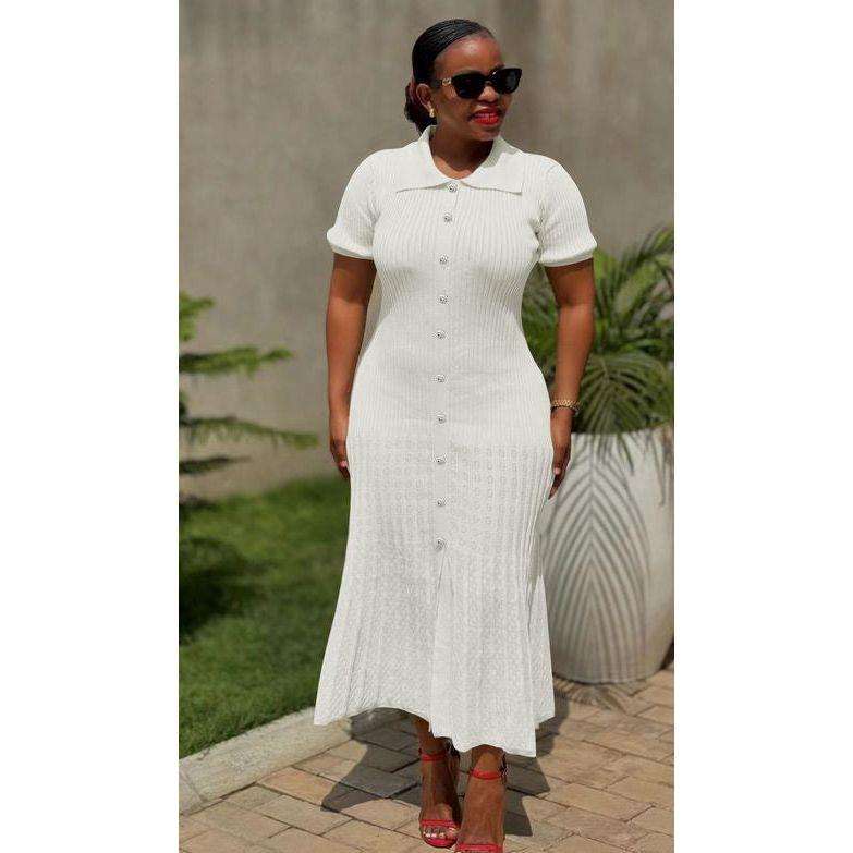 Buttons Knitting Ribbed Bodycon Midi Dress