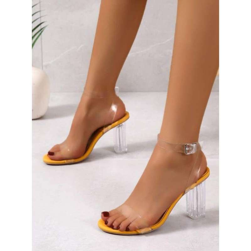 Lucite Clear Ankle Strap Sandals Chunky High Heel