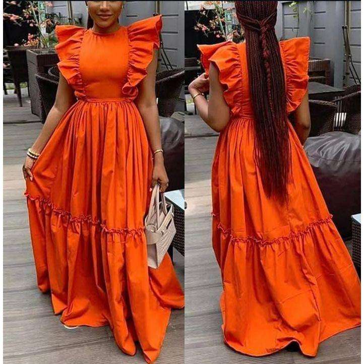 Ruffle Shoulder Round-Neck Sleeveless Maxi Dress