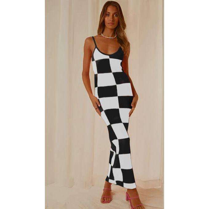 Knit Sleeveless Checkerboard Print Bodycon Maxi Dress