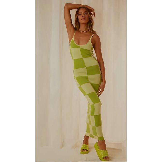 Knit Sleeveless Checkerboard Print Bodycon Maxi Dress