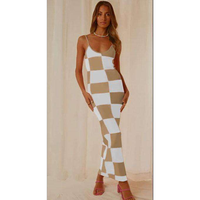 Knit Sleeveless Checkerboard Print Bodycon Maxi Dress