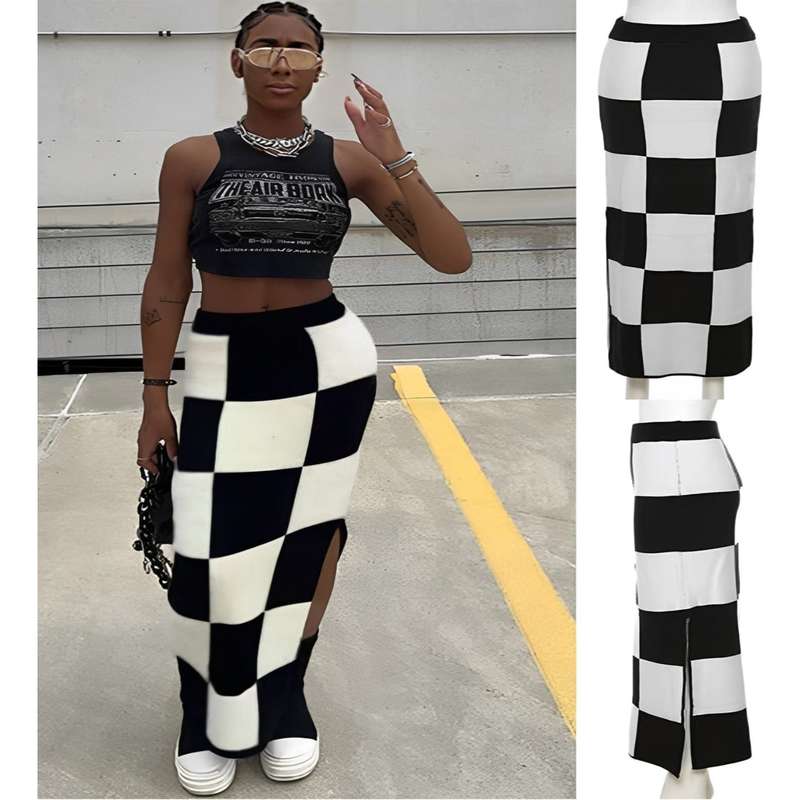 Knitted Black And White Slit High Waist Bodycon Maxi Skirt