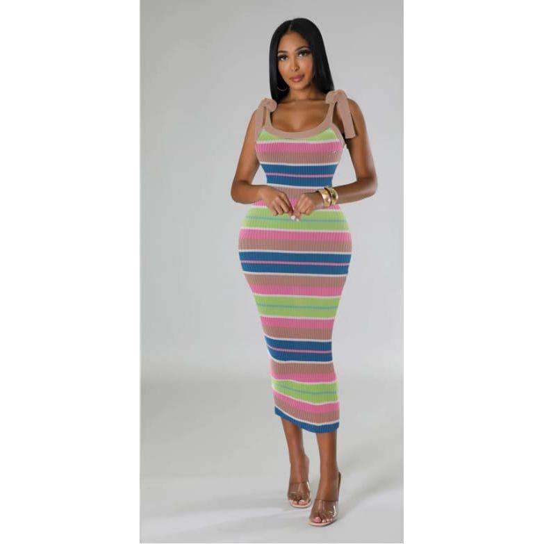 Striped Sweater Knit Shoulder Tie Midi Dress