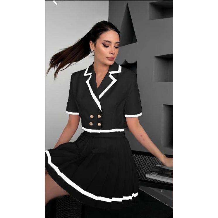 Drop-down Collar Short Sleeve Pleated Knit Mini Dress