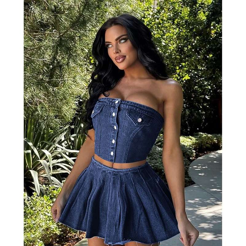 Sleeveless Tube Strapless Tops and Mini Pleated Skirt Set