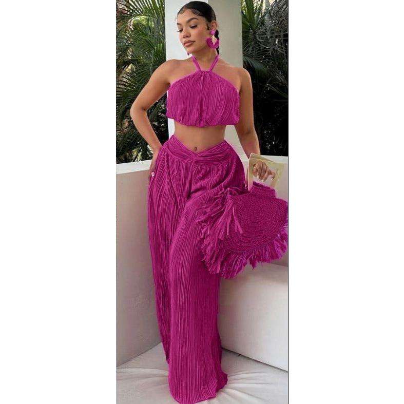 Halter Top With Twist Front Waist & Trousers Two Piece Set