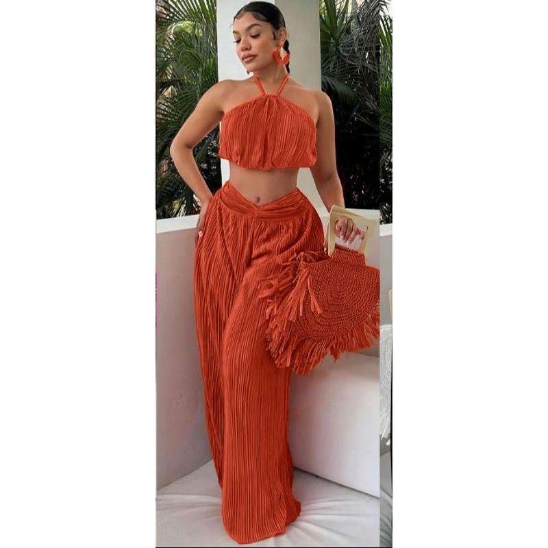 Halter Top With Twist Front Waist & Trousers Two Piece Set