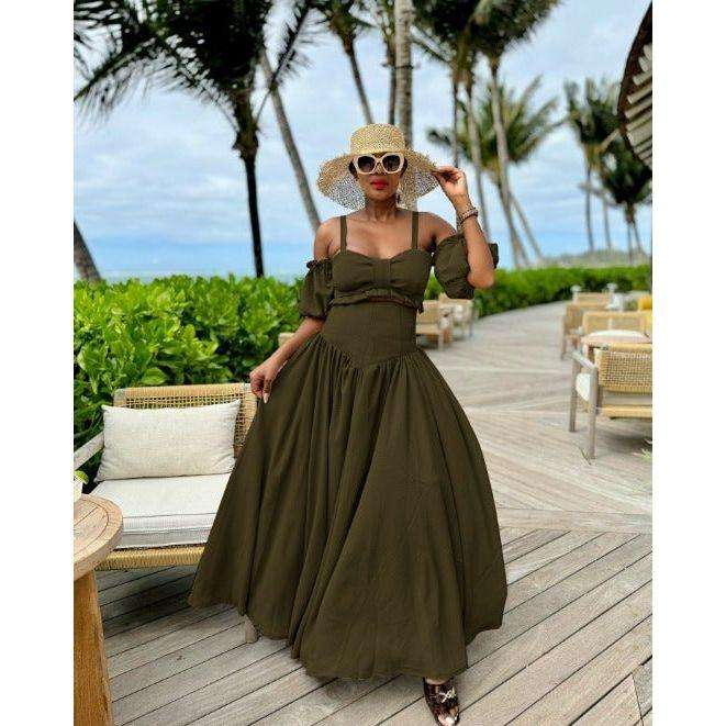 Drop Waist Skirt Paired with an Off-Shoulder Top Set