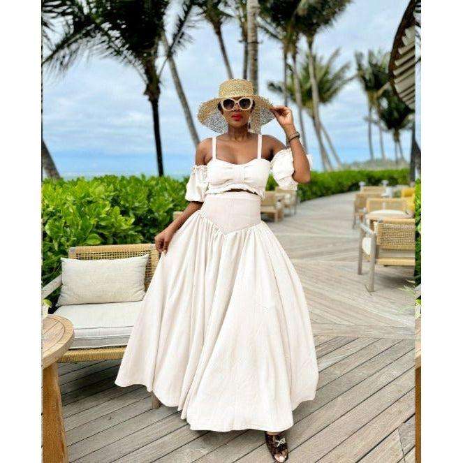 Drop Waist Skirt Paired with an Off-Shoulder Top Set